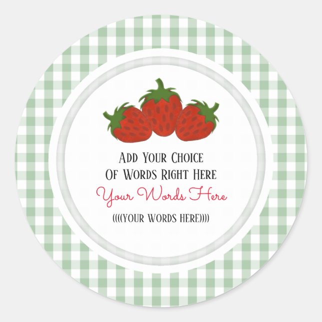 Custom Strawberry and Gingham Classic Round Sticker (Front)