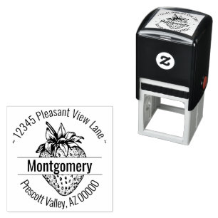 Custom Strawberry Artwork Circular Address Name Self-inking Stamp