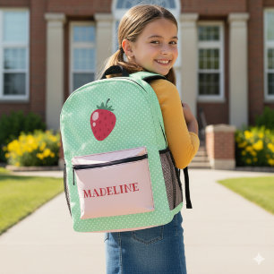 Custom Strawberry Green Polka Dot Girls Printed Backpack