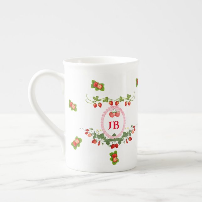 Custom Strawberry Monogrammed  Bone China Mug (Left)