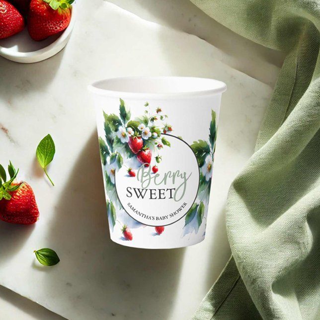 Custom Strawberry Paper Cups for Baby Shower (Strawberry baby shower paper cups by Do Tell A Belle)