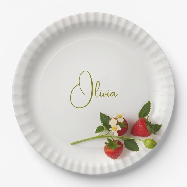 Custom Strawberry Sprig Flower Foliage Name  Paper Plate (Front)