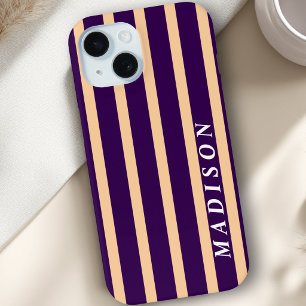 Custom Stripes Beige Dark Purple iPhone 15 Case