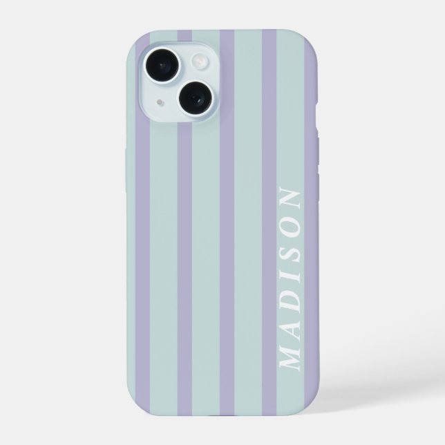 Custom Stripes Lavender Mint iPhone 15 Case (Back)