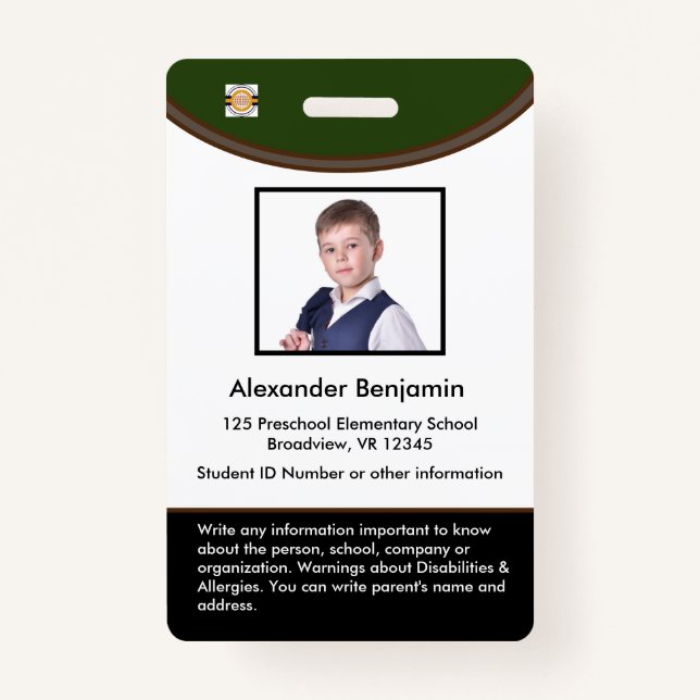 Custom Student Child Kid Photo Name Logo Bar Code  ID Badge (Front)