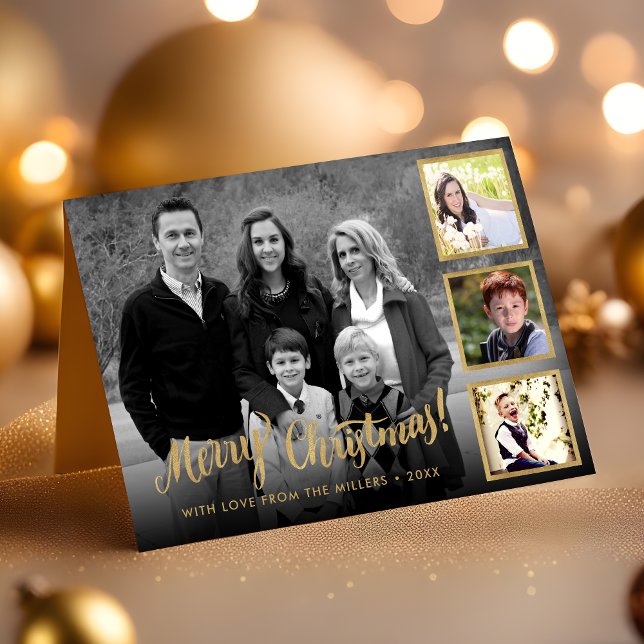 Custom Styish Gold Merry Christmas Photo Collage Holiday Card (Creator Uploaded)