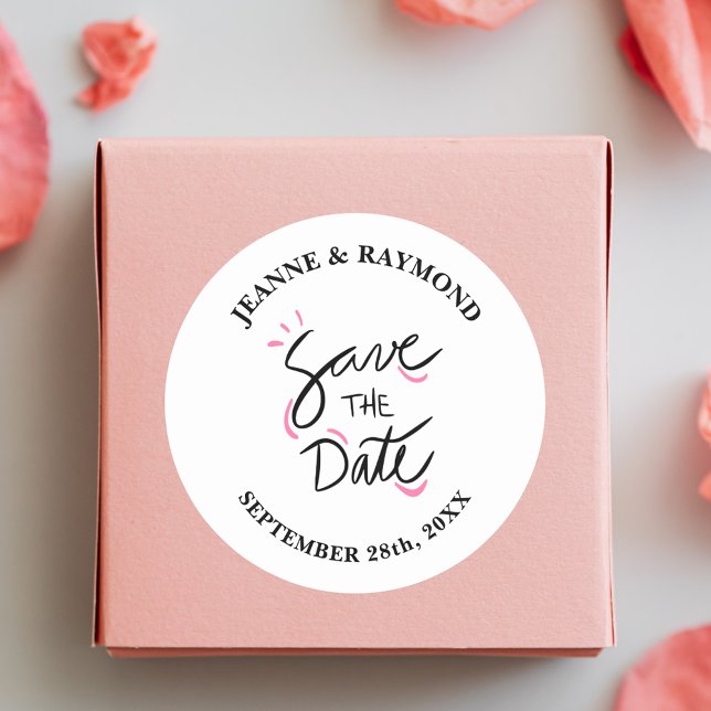 Custom Stylish Calligraphy Wedding Save the Date Classic Round Sticker (Stylish calligraphy save the date sticker adds personalized charm to wedding announcements.)