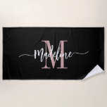 Custom Stylish Monogram Name Script Black Blush Beach Towel<br><div class="desc">Modern, trendy and stylish beach towel with your custom name and initial in a chic script calligraphy design with swirl flourishes (be sure to keep emoticons or spaces next to full name in place for swirls to remain). This is the blush pink and black version. Easy to customise size and...</div>