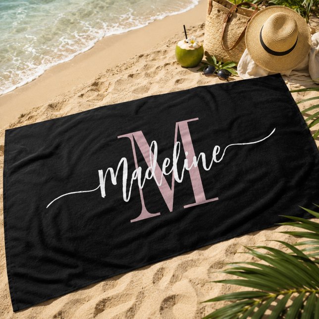 Custom Stylish Monogram Name Script Black Blush Beach Towel (Creator Uploaded)