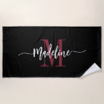 Custom Stylish Monogram Name Script Black Burgundy Beach Towel<br><div class="desc">Modern, trendy and stylish beach towel with your custom name and initial in a chic script calligraphy design with swirl flourishes (be sure to keep emoticons or spaces next to full name in place for swirls to remain). This is the burgundy and black version. Easy to customise size and add...</div>