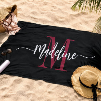 Custom Stylish Monogram Name Script Black Burgundy Beach Towel
