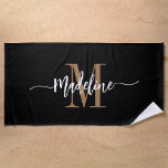 Custom Stylish Monogram Name Script Black Gold Beach Towel<br><div class="desc">Modern, trendy and stylish beach towel with your custom name and initial in a chic script calligraphy design with swirl flourishes (be sure to keep emoticons or spaces next to full name in place for swirls to remain). This is the gold tone and black version. Easy to customise size and...</div>