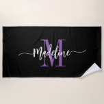 Custom Stylish Monogram Name Script Black Purple Beach Towel<br><div class="desc">Modern, trendy and stylish beach towel with your custom name and initial in a chic script calligraphy design with swirl flourishes (be sure to keep emoticons or spaces next to full name in place for swirls to remain). This is the purple and black version. Easy to customise size and add...</div>