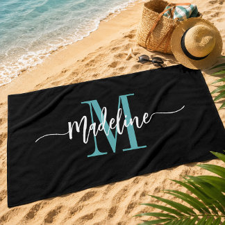 Custom Stylish Monogram Name Script Black Teal Beach Towel