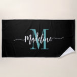 Custom Stylish Monogram Name Script Black Teal Beach Towel<br><div class="desc">Modern, trendy and stylish beach towel with your custom name and initial in a chic script calligraphy design with swirl flourishes (be sure to keep emoticons or spaces next to full name in place for swirls to remain). This is the teal and black version. Easy to customise size and add...</div>