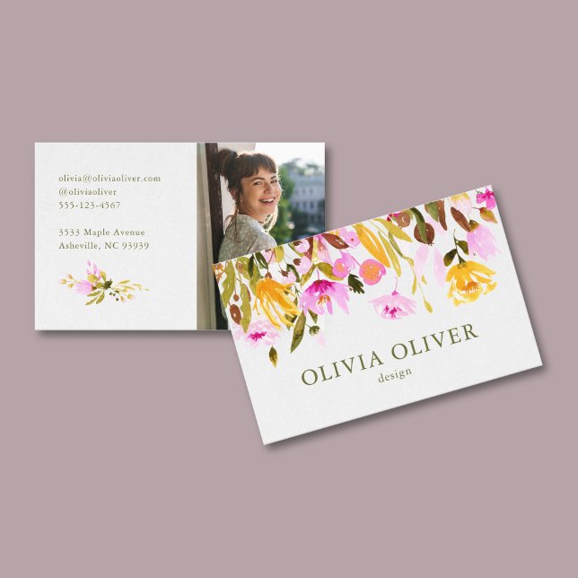Custom Stylish Pink Watercolor Floral Photo Business Card (Creator Uploaded)