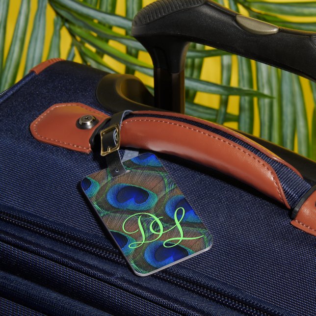 Custom Stylish Pretty Peacock Feather Pattern Luggage Tag (Front Insitu 1)