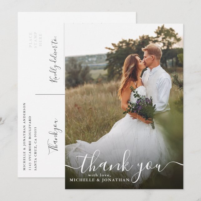 Custom Stylsih Script Wedding Photo Thank You Invitation (Front/Back)