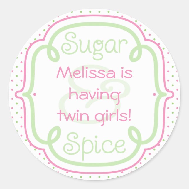 Custom Sugar and Spice Baby Shower Twins Classic Round Sticker (Front)