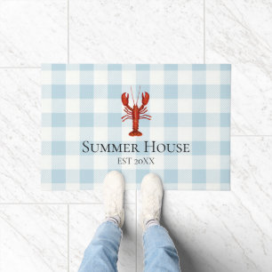 Custom Summer House Lobster Gingham Check Coastal Doormat