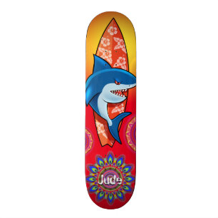 Custom summer shark surf mandala skateboard. Red Skateboard