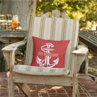 Custom Summery White Nautical Anchor On Dark Red Cushion