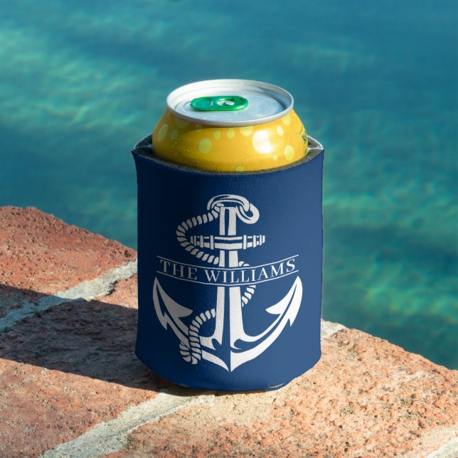 Custom Summery White Nautical Anchor On Navy Blue Can Cooler (In Situ Pool)