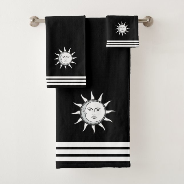 Custom Sun Moon & Three Stripes on Black Bath Towel Set (Insitu)
