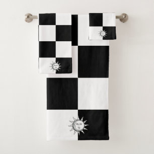 Custom Sun on Black and White Chequered Pattern Bath Towel Set