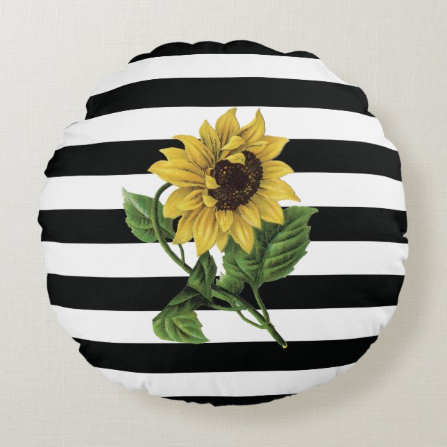 Custom Sunflower Pillow on Black and White Stripes (Front)