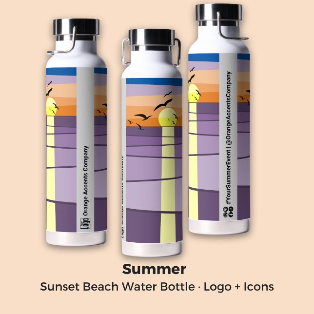 Custom Sunset Design · Event & Social Connect Water Bottle (Beach Sunset Stylized · Sponsor Local Sports Event Water Bottle)