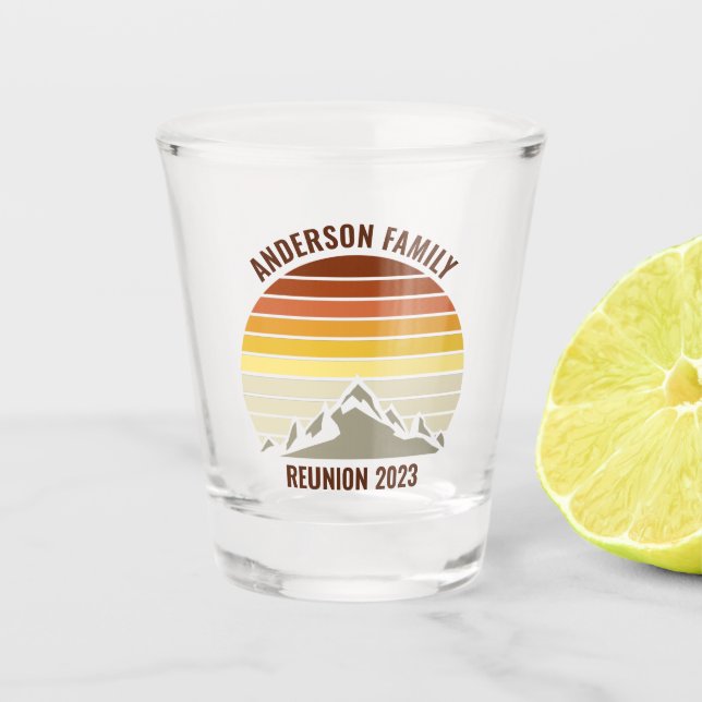 Custom Sunset Mountain Family Reunion Keepsake Shot Glass (Front)