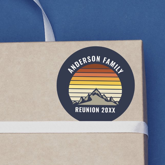 Custom Sunset Mountain Family Reunion Party Classic Round Sticker (Creator Uploaded)