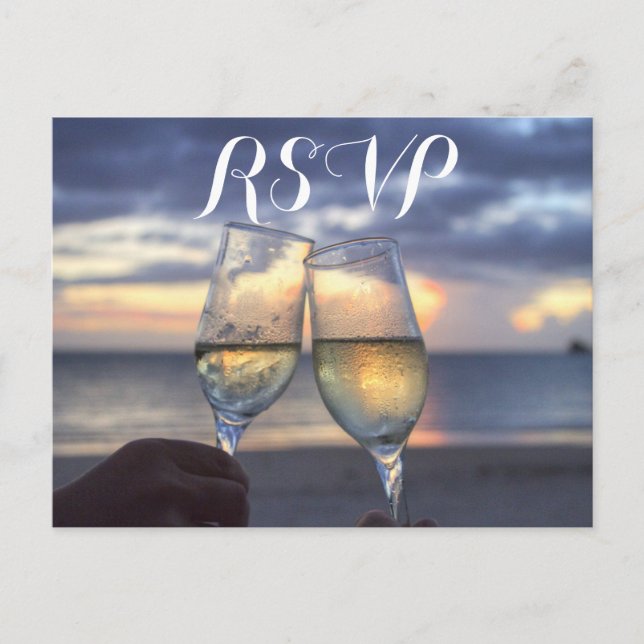 Custom Sunset On The Beach Wedding RSVP Postcards (Front)