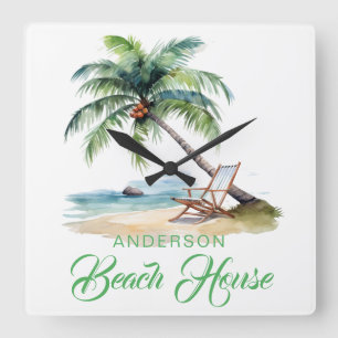 Custom Surname Beach House Square Wall Clock
