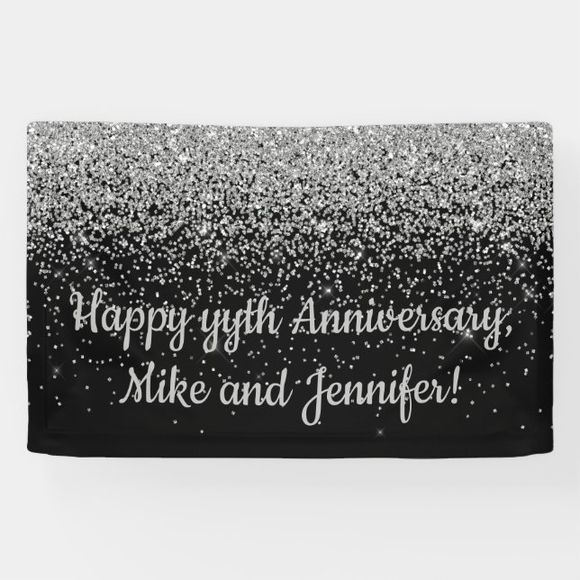 Custom Surprise Anniversary Party Black and Silver Banner (Horizontal)