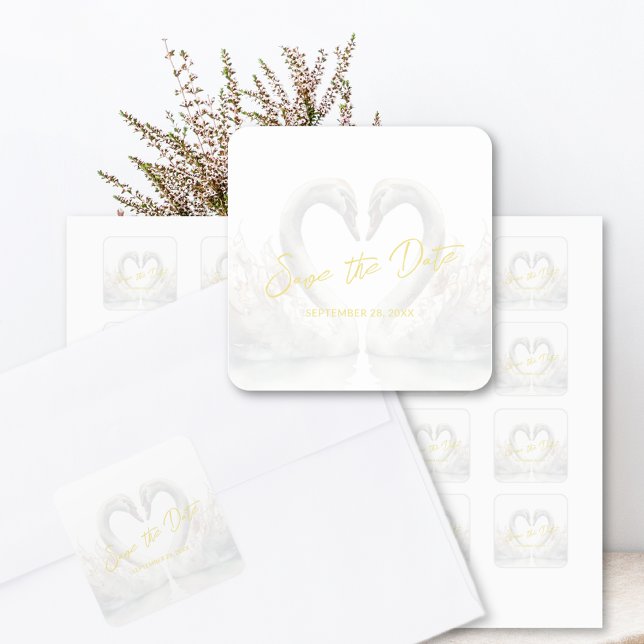 Custom Swan Wedding Save the Date  Square Sticker (Custom Swan Wedding Save the Date Square Stickers)