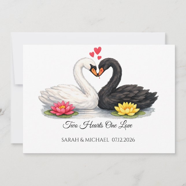 Custom Swans Two Hearts One Love Invitation (Front)