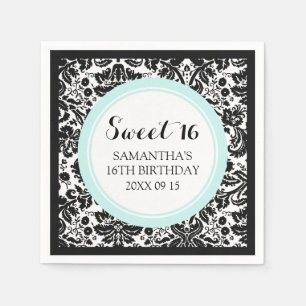 Custom Sweet 16 Birthday Napkin Aqua Black Damask