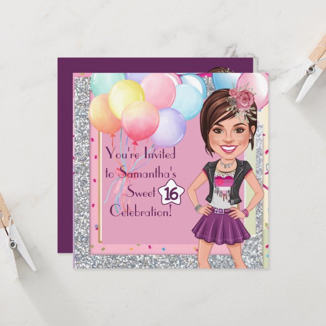 Custom Sweet 16 Caricature with Balloons and Glam Invitation (Front/Back In Situ)