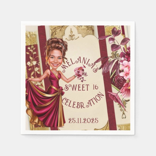 Custom Sweet 16 gold and Ruby Red caricature Napkin (Front)