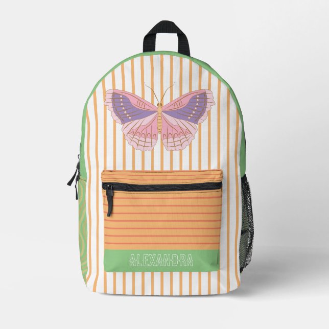 Custom sweet colours Stripes Peach Green Butterfly Printed Backpack (Front)