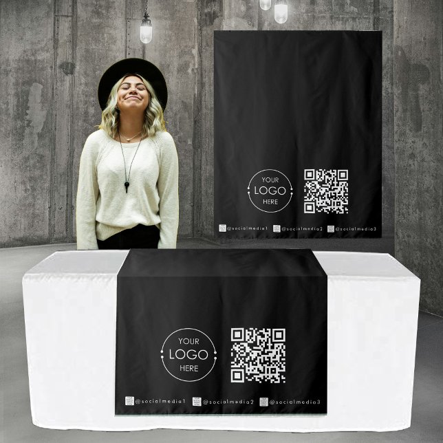 Custom Table Runner Banner Black Business QR Code Tapestry (Custom Table Runner Banner Black Business QR Code Tapestry)