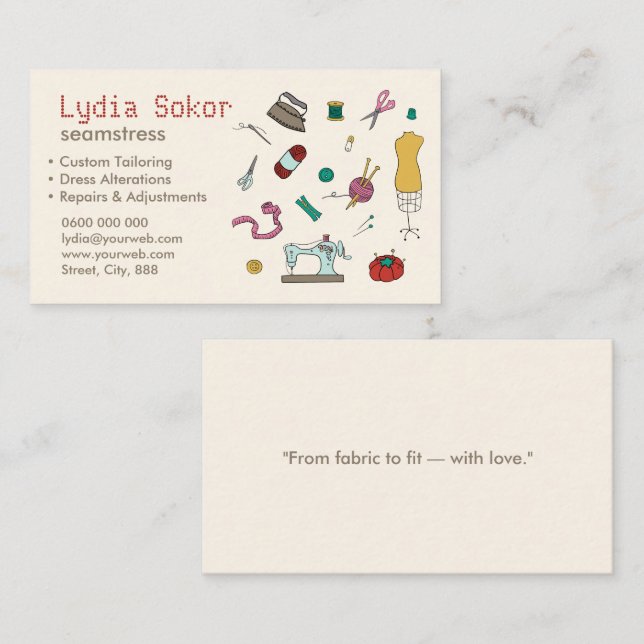 Custom Tailoring & Alterations Seamstress Business Business Card (Front/Back)