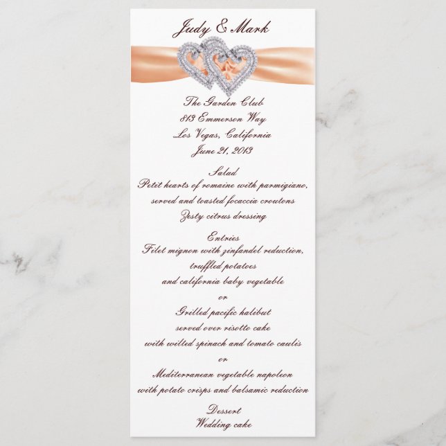 Custom Tangerine Hearts Menu Card (Front)