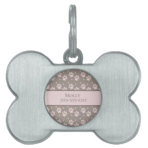 Custom Taupe & Pink Paw Print Bone-Shaped Pet Tag