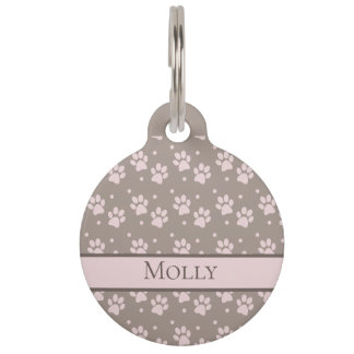Custom Taupe & Pink Paw Print Personalizable Pet Tag
