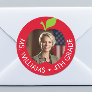 Custom Teacher and Grade - Apple with Photo Classic Round Sticker