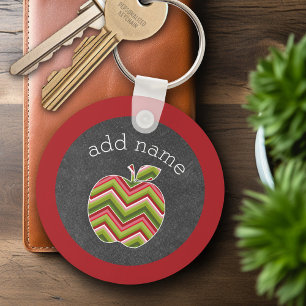 Custom Teacher Apple - Red Green Chevron Pattern Key Ring
