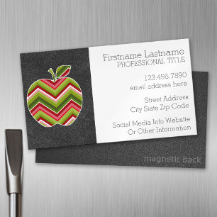 Custom Teacher Apple - Red Green Chevron Pattern Magnetic Business Card